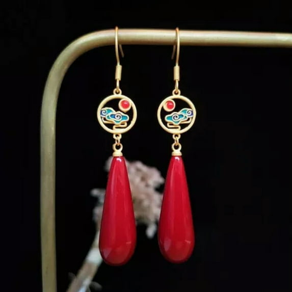 K-KED Jade Water Drop Earrings Gemstones Women 925 Silver Natural Jewelry-Red