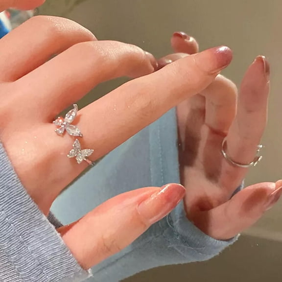 K-KED Korean Luxury Sparkling Alloy Butterfly Rings Fashion Adjustable Open Jewelry-_