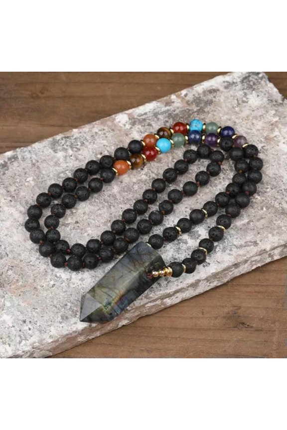 K-KED Labradorite Point Pendant 8mm Black Lava Stone Crystal Handmade Knot Necklace-40 inch