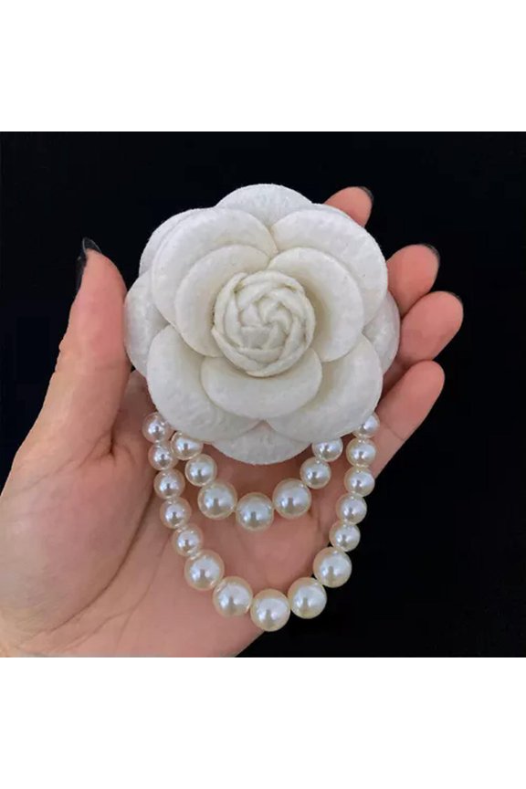Large Camellia Flower Brooch Pin Pearl Tassel Handmade Gift Wedding Birthday-Beige