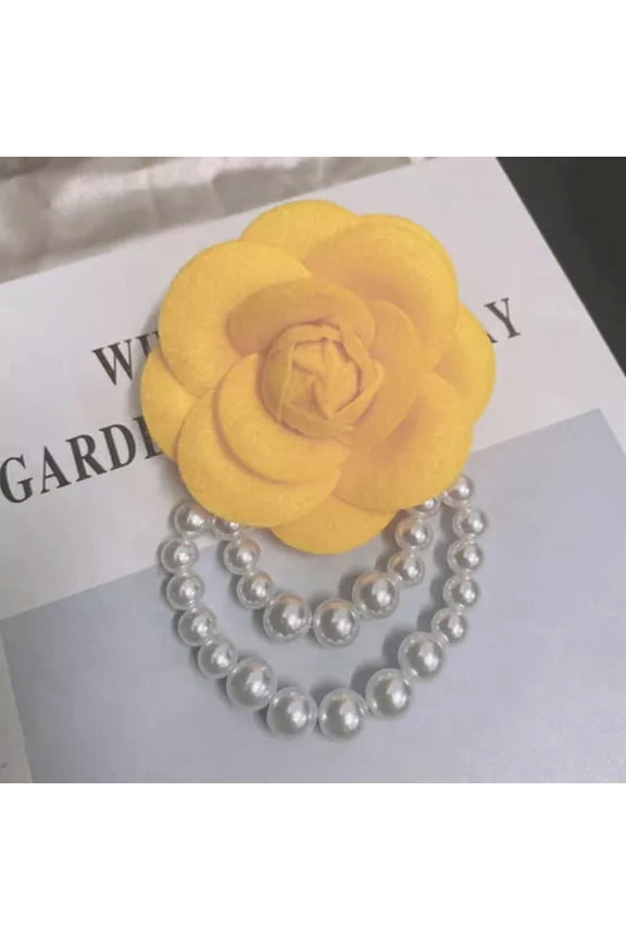 Large Camellia Flower Brooch Pin Pearl Tassel Handmade Gift Wedding Birthday-Yellow