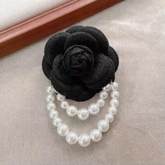 K-KED Large Camellia Flower Brooches Pin Pearl Tassel Wedding Birthday Party Jewelry-Black