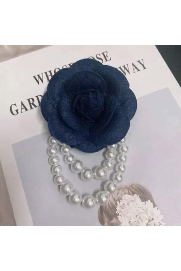 Large Camellia Flower Brooches Pin Pearl Tassel Wedding Birthday Party Jewelry-Navy blue