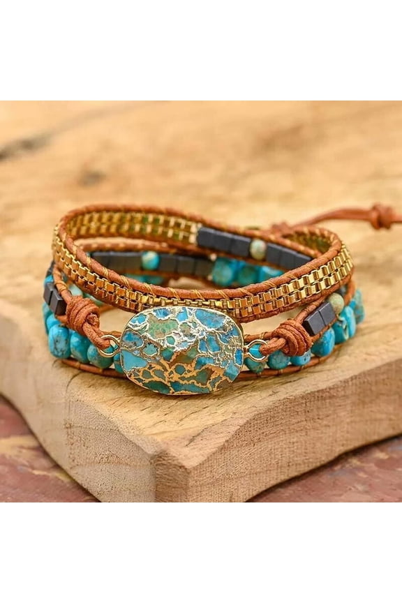 Leather Wrap Bracelets Sea Sediment Jasper Beaded Triple Boho Bracelet Handmade