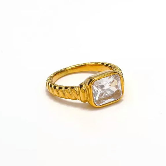 K-KED Light Luxury Rectangular Zircon Croissant Twisted Spiral Rings Size 6-10-9-White
