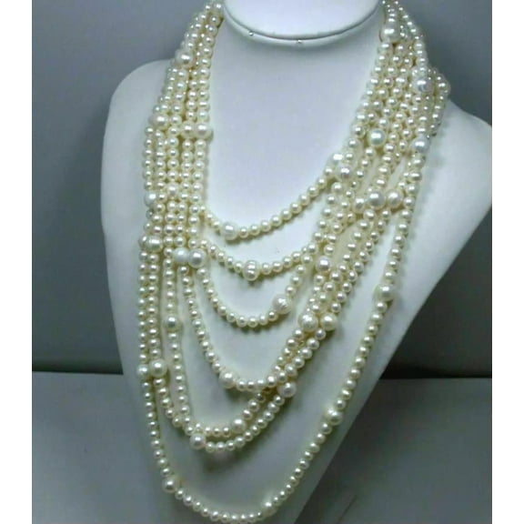 K-KED Long 148 Inch AAA 7-11mm Genuine White Akoya Pearl Necklace 14k Gold CLASP