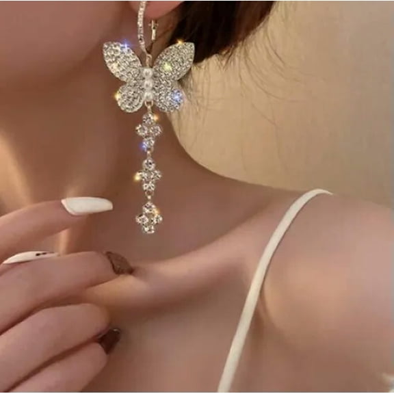 K-KED Long Butterfly Statement Earrings Pearl Accents Rhinestones Cluster Drop Dangle
