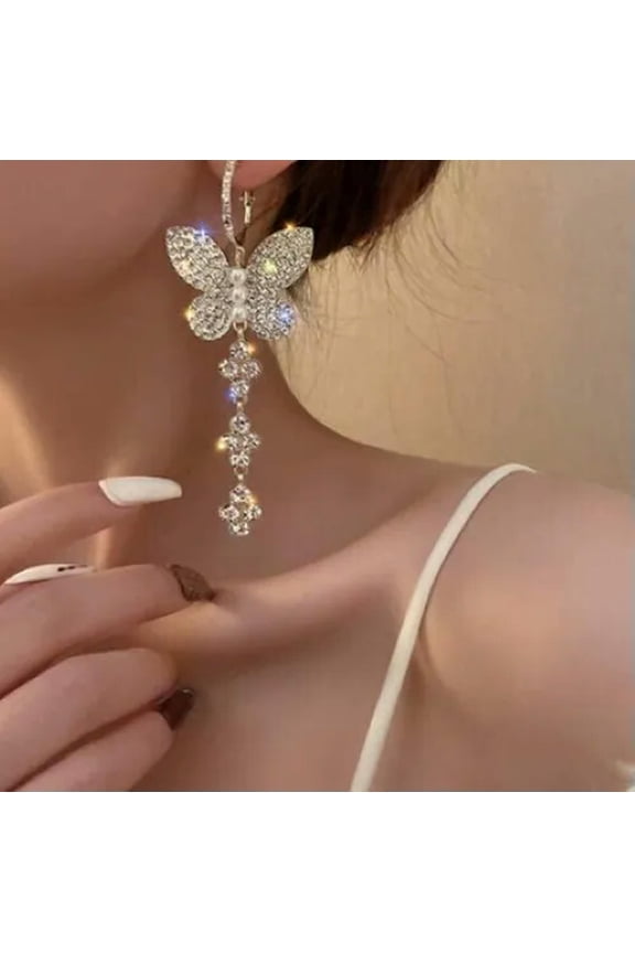 Long Butterfly Statement Earrings Pearl Accents Rhinestones Cluster Drop Dangle