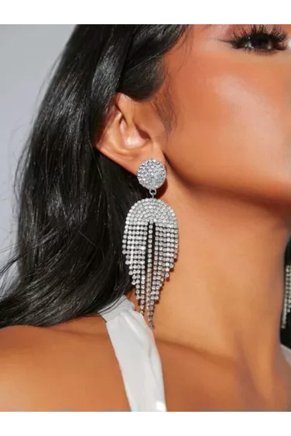 Long Crystal Silver Fringe Earrings Tassel Drop Dangle Rhinestone Chandelier