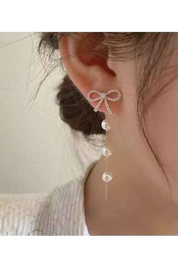 Long Ear Jacket Earrings Pearl Bow Knot Double Stud Dangle