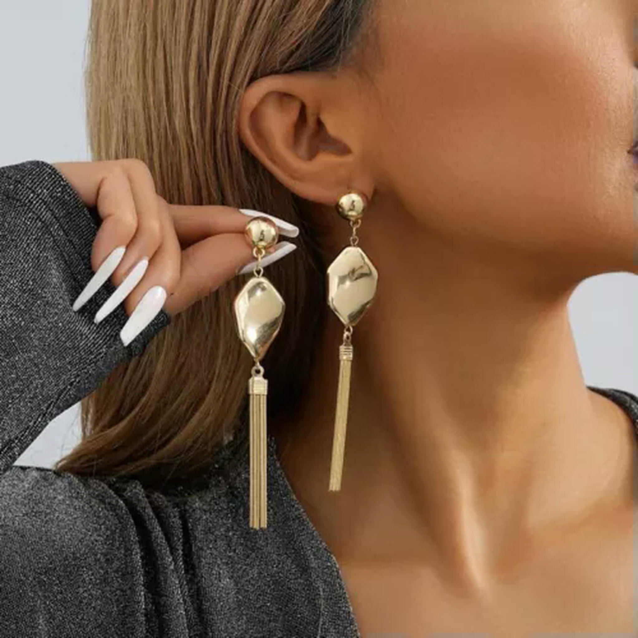 K-KED Long Gold Nugget Drop Earrings Gold Plated Dangling Tassel