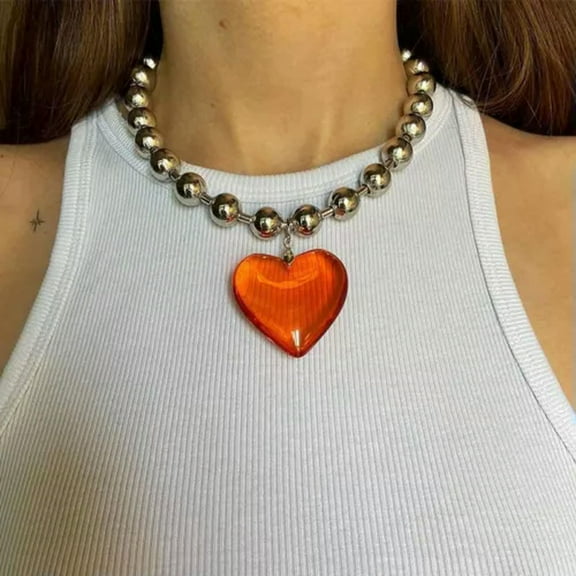 K-KED Love Heart Necklace Big Glass Heart Pendant Chain Choker Neck Delicate Jewelry Gifts-Orange