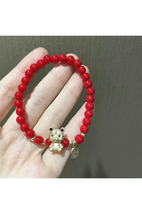 Lucky Tiger Head Bracelets for Women Girls Red Crystal Beaded Charm Cat Bracelet-B