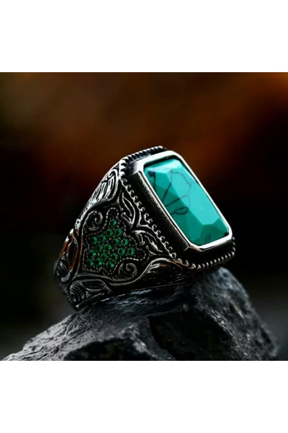 Luxury Green CZ & Turquoise Wedding Ring Stainless Steel Men's Retro Hiphop Ring-8