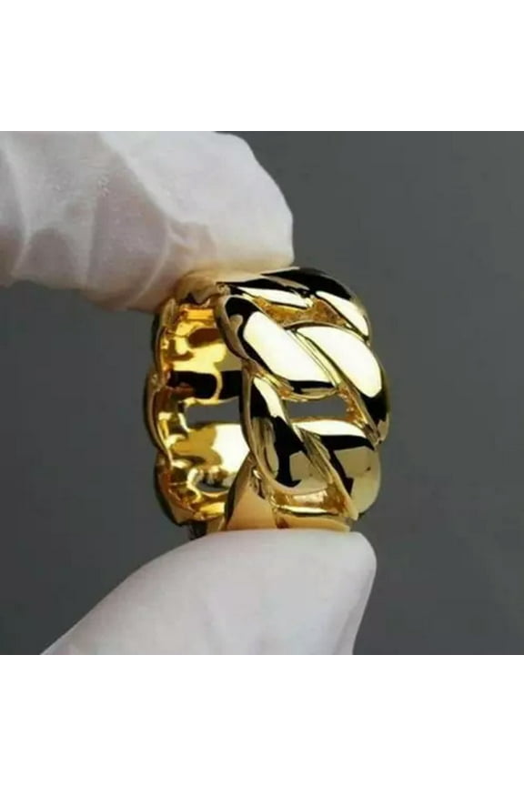 Luxury Mens Hip Hop Rings Yellow Gold Plated Cuban Link Band Wedding Ring Gift-11-1#