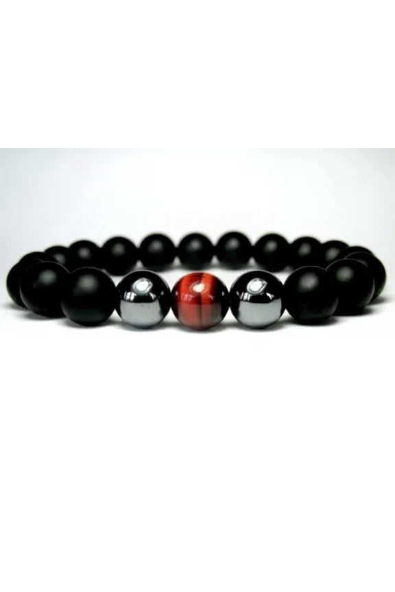 MEN'S Matte Black Onyx Red Tiger Eye Hematite Gems Beaded Stretch Bracelet