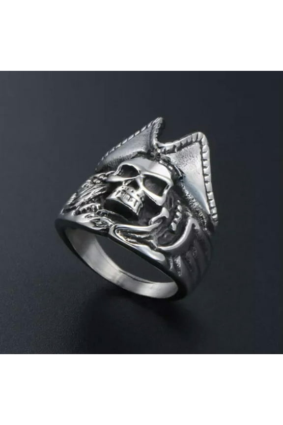 MEN'S PIRATE HAT SKULL RING STAINLESS STEEL CAPTAIN PIRATE SKULL RING BIKER PUNK-7