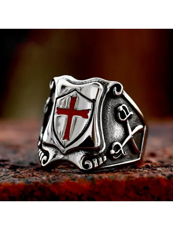 Medieval Crusades Cross Shield Ring Stainless Steel Retro Men's Gift Biker Ring-11