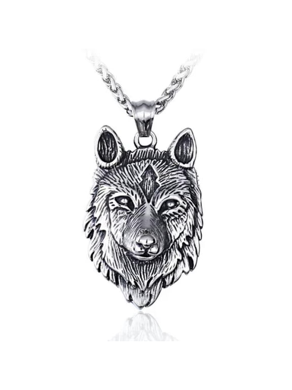 Men Nordic Viking Rune Fenrir Wolf Head Pendant Necklace Stainless Steel-Design A