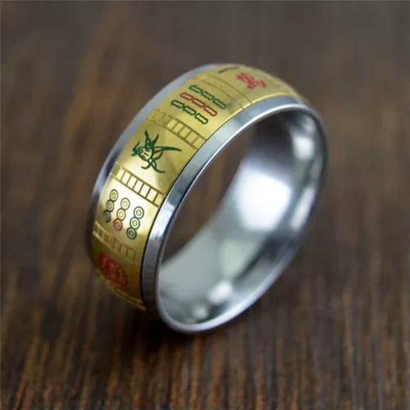 K-KED Men Women Fashion Funny Mahjong Sipnning Ring Stainless Steel Spinner Gift Ring-8-Silver-gold