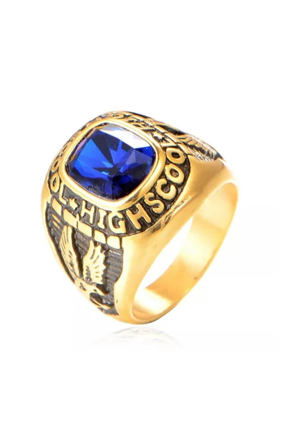 Men Women High School Ring Stainless Steel Blue CZ Vintage Biker Punk Ring Gold-11