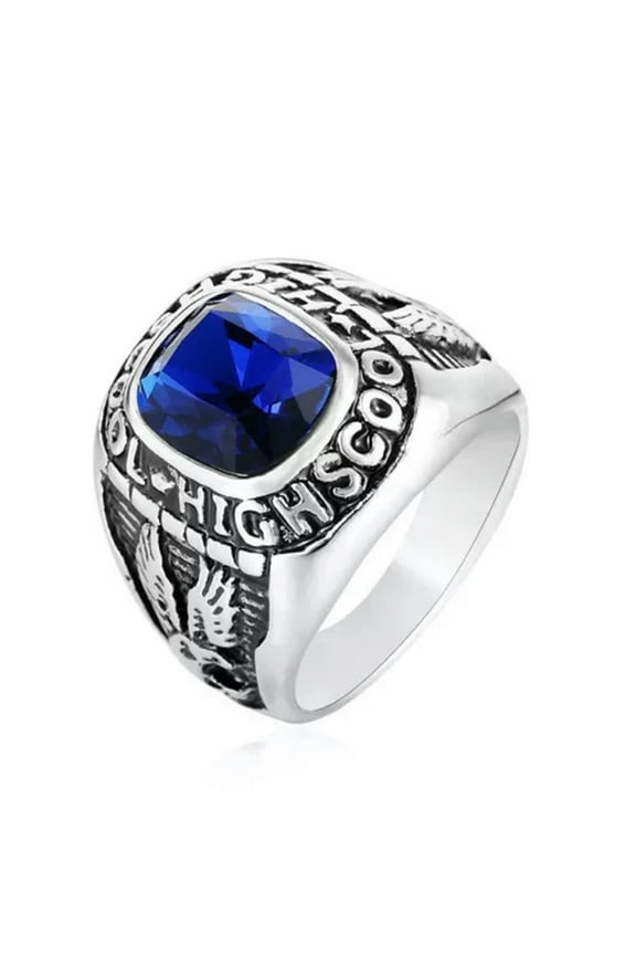 Men Women High School Ring Stainless Steel Eagle Blue CZ Vintage Punk Biker Ring-10