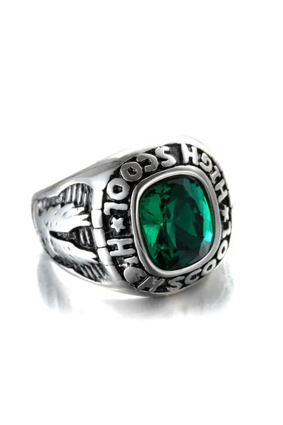 Men Women High School Ring Stainless Steel Eagle Green CZ Vintage Punk Cool Ring-12