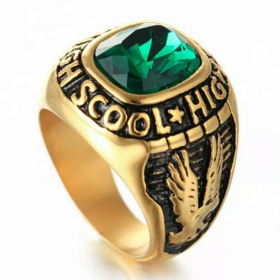 K-KED Men Women High School Ring Stainless Steel Green CZ Vintage Biker Punk Ring Gold-9