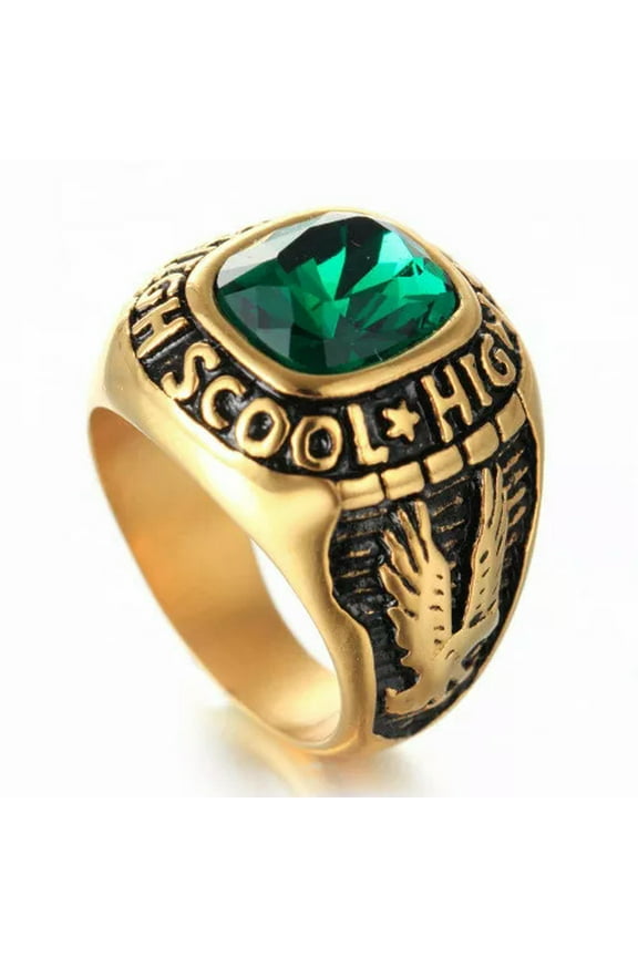 Men Women High School Ring Stainless Steel Green CZ Vintage Biker Punk Ring Gold-9