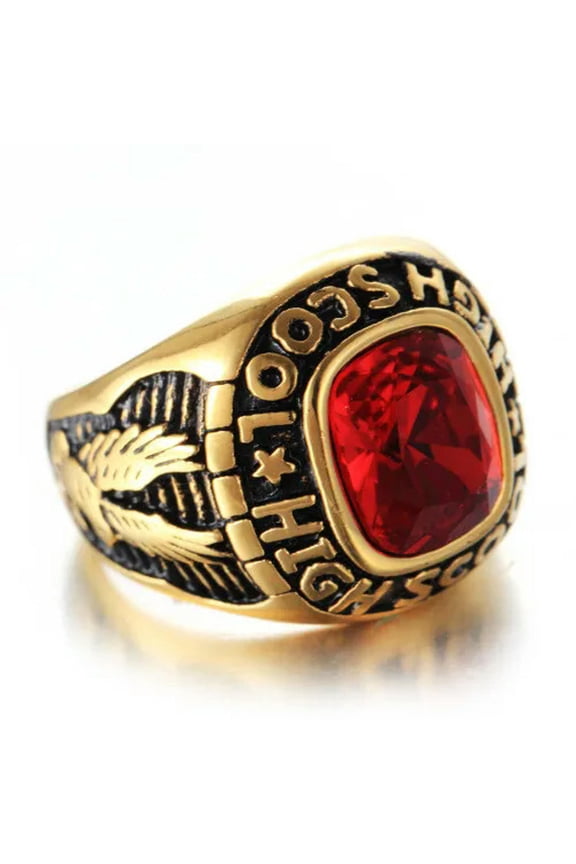 Men Women High School Ring Stainless Steel Red CZ Vintage Biker Ring Gold Plated-11