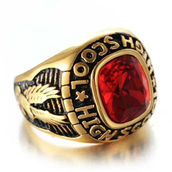 K-KED Men Women High School Ring Stainless Steel Red CZ Vintage Biker Ring Gold Plated-11