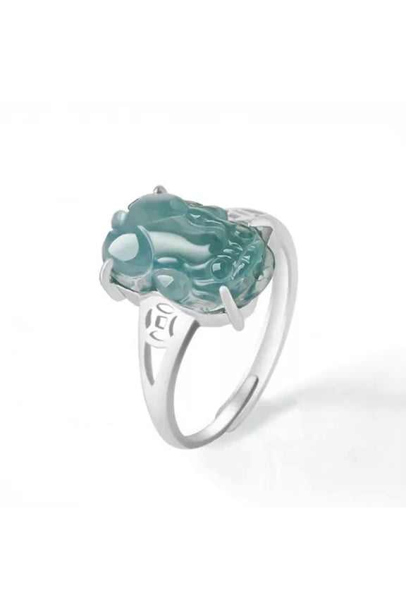 Men Women Pure S925 Sterling Silver Natural Grade A Jade Jadeite Coin Pixiu Ring-Women's
