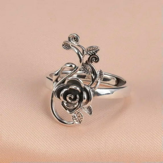 K-KED Men Women Real S925 Sterling Silver Band Lucky Peony Flower Leaf Adjust Ring