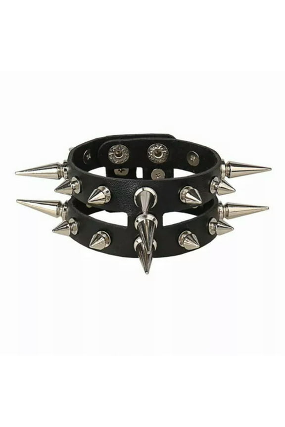 Men Women Spike Studded Rivet Bracelet Punk Goth Biker Wide Leather Wristband-Double Spike Layer 23cm