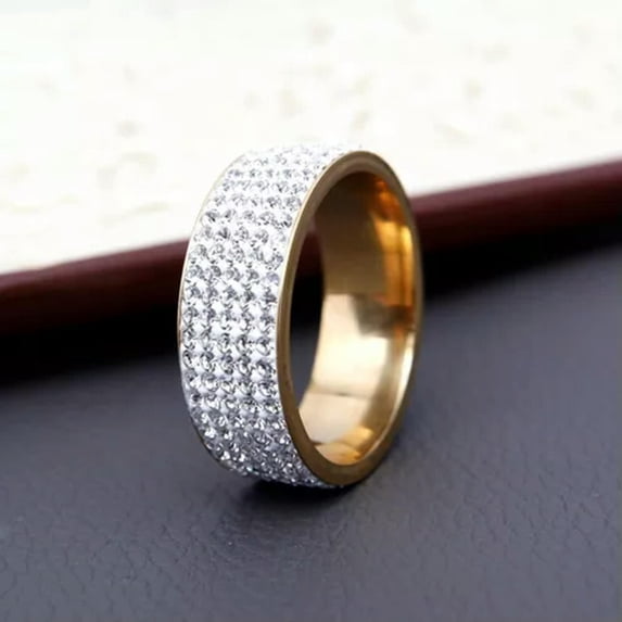 K-KED Men Women Stainless Steel Crystal Band Ring Gold Silver Wedding Band Ring Gifts-#1 Golden-12