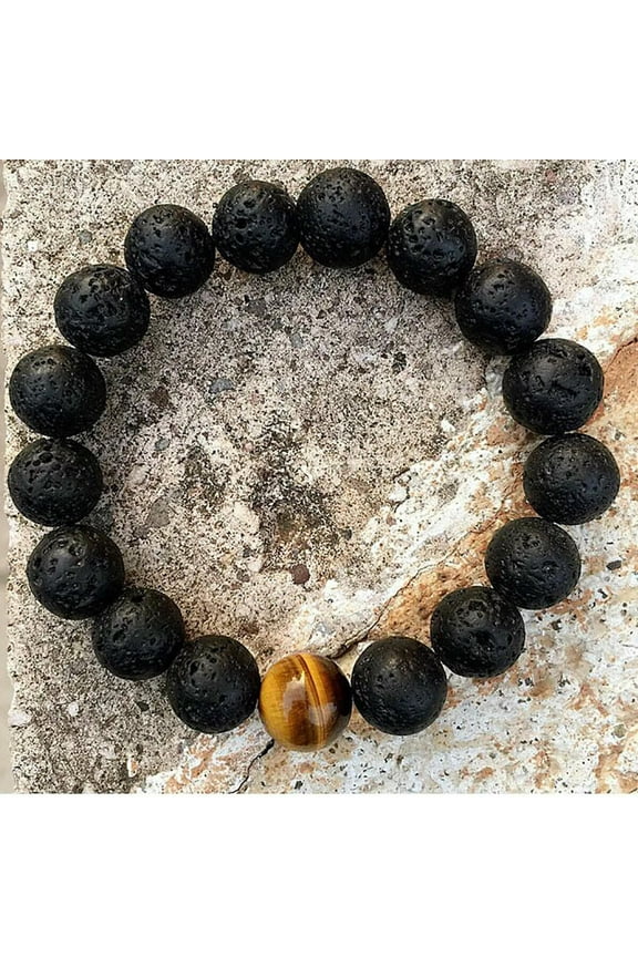 Men's 12MM Black Volcanic Lava Stone & Tiger Eye Beaded Oil Diffuser Bracelets