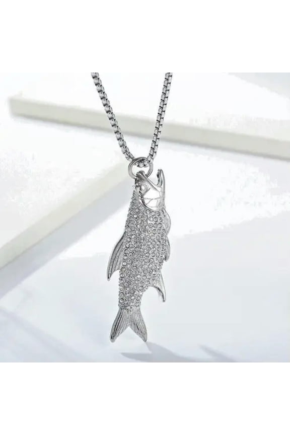Men's Amulet Silver Rhinestone Fish Necklace Pendant Fashion Delicate Jewelry Chain-default