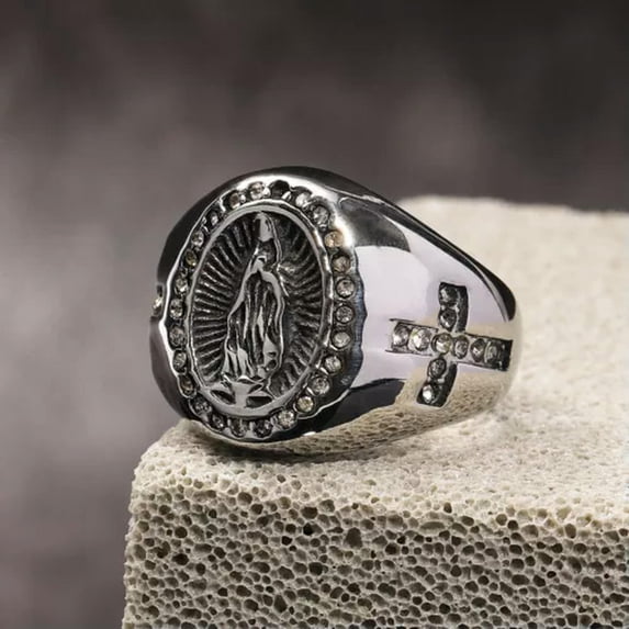 K-KED Men's Christian Cross, Virgin Mary Ring, Men's Stainless Steel 7-13 Size-Silver-11