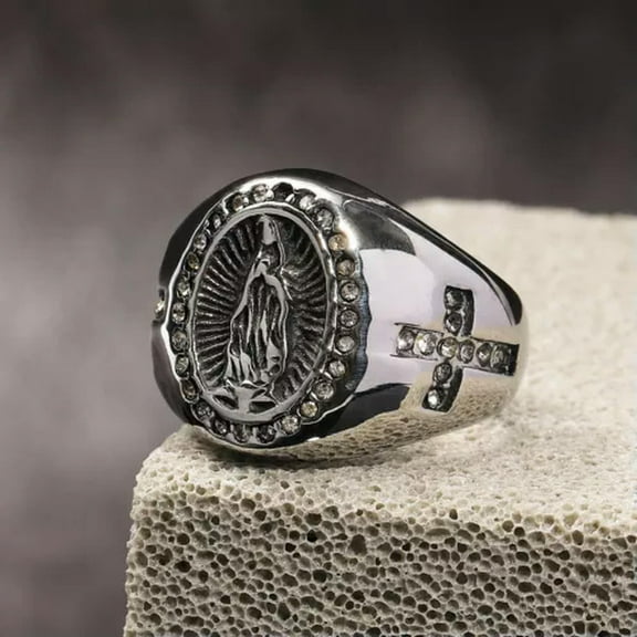 K-KED Men's Christian Cross, Virgin Mary Ring, Men's Stainless Steel 7-13 Size-Silver-8