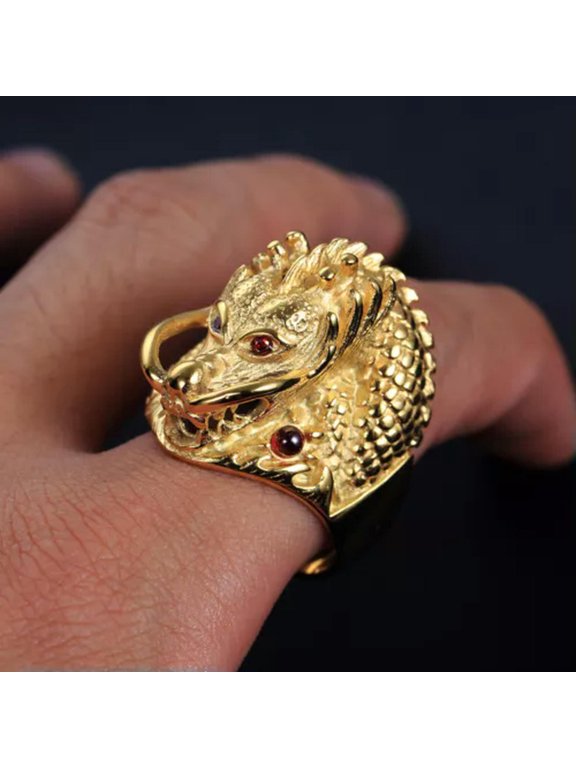 Men's Dragon Head Rings Stainless Steel Red CZ Eye Dragon Ring Haevy Biker Gold-9