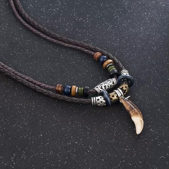 K-KED Men's Fashion Delicate Jewelry Coffee Leather Beaded Weave Rope Tooth Pendant Necklace