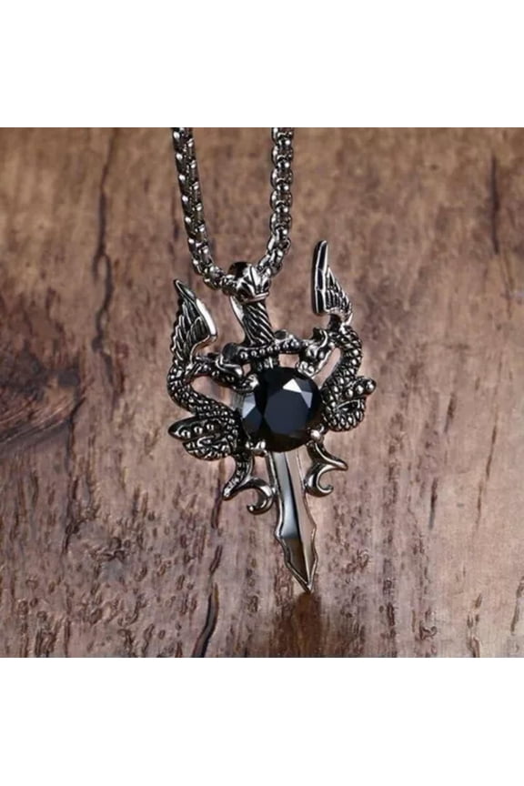 Men's Fashion Delicate Jewelry Gothic Silver Double Dragon Sword Pendant Necklace