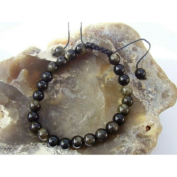K-KED Men's GEMSTONE Macrame Beaded Bracelet all 8mm Natural Black Gold Obsidian beads