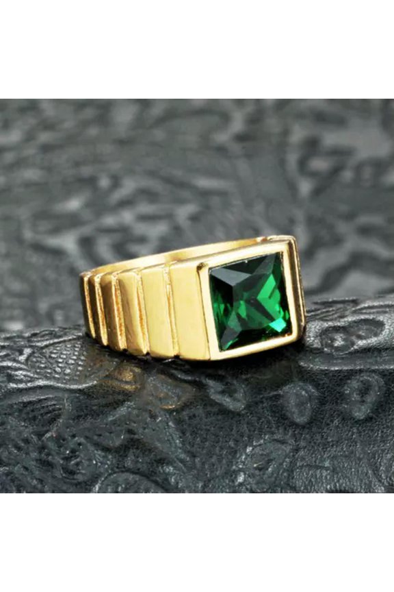 Men's Gold Plated Wedding Rings Stainless Steel Emerald Signet Ring Biker Punk-8