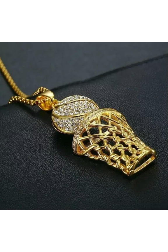 Men's Hip Hop Fashion Iced Basketball Bling Necklace-Gold