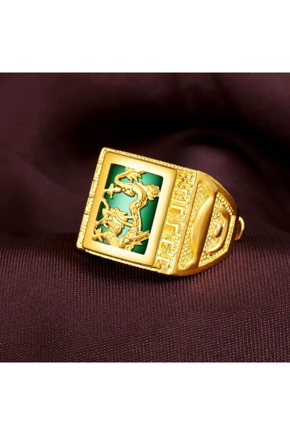 Men's Inlaid jade dragon pattern 23K 24K THAI BAHT YELLOW GOLD Plated RING