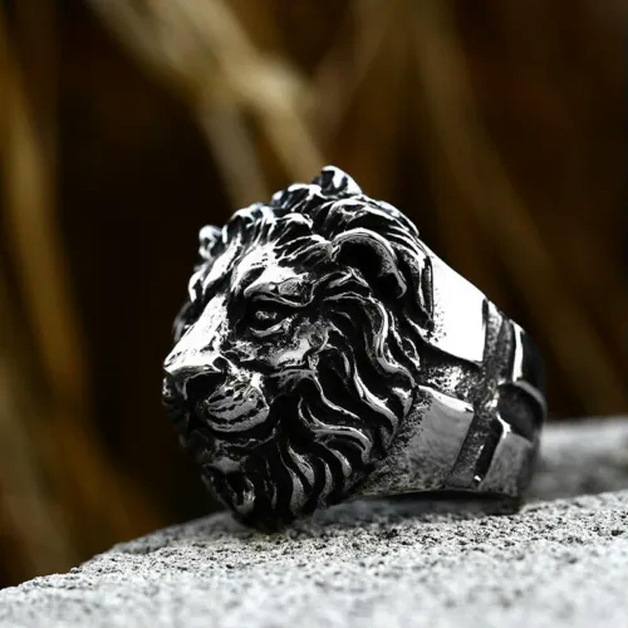 Men's Lion Head Ring - Stainless Steel Statement Signet Ring With Onyx, Sizes 7-13 (Gold, Silver, Black)