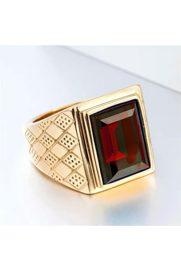 Men's Red Square CZ Wedding Ring Stainless Steel Gold Plated Classic Signet Ring-12
