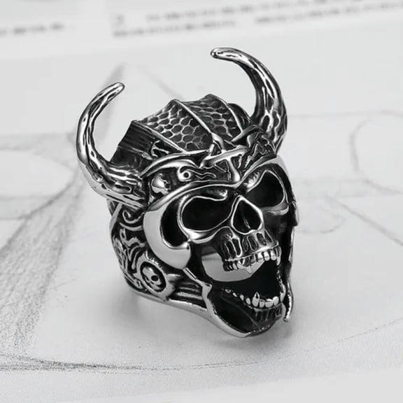 K-KED Men's Satan Horn Helmet Skull Ring Stainless Steel Vintage Cross Skull Punk Ring-12
