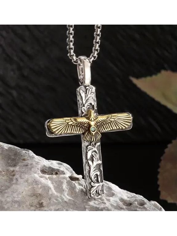 Men's Stainless Steel Cross and Eagle Pendant Necklace Lucky Delicate Jewelry Chain-default